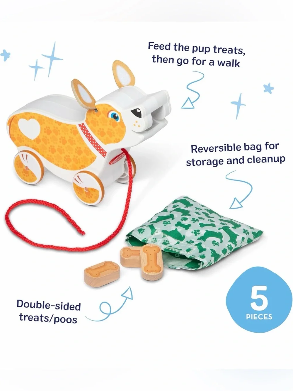 Melissa & Doug Feed, Walk & Poo Pup Wooden Preschool Pull Toy Ages 18m +